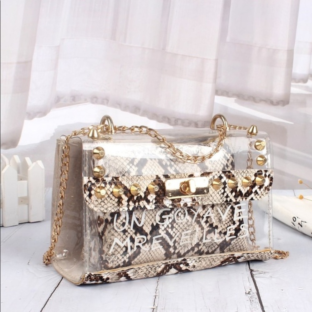 Studded Decor Snakeskin Chain Bag With Inner Pouch
